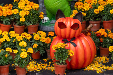 A pumpkin with a black bow on top of a table, surrounded by several potted plants filled with orange.の写真素材