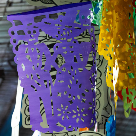 A purple paper lantern with a skeleton on it hangs on a wall. The lantern is decorated with flowers. Mexican Day of the Dead tradition, offerings, food, colors, decorations, and papel picado, La Catrina.の写真素材