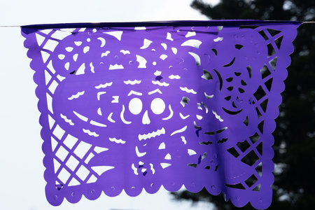 A purple paper with a skull on it. The skull is on a hat. Mexican Day of the Dead tradition, offerings, food, colors, decorations, and papel picado, La Catrina.の写真素材