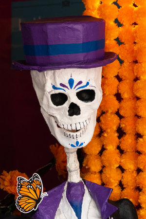 A skeleton is wearing a purple hat and tie, standing in front of orange flowers. Mexican Day of the Dead tradition, offerings, food, colors, decorations, and papel picado, La Catrina.の写真素材