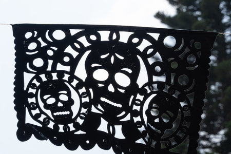 A black and white image of a skull with a red cross on it. The image has a dark and eerie mood. Mexican Day of the Dead tradition, offerings, colors, decorations, and papel picado, La Catrina.の写真素材