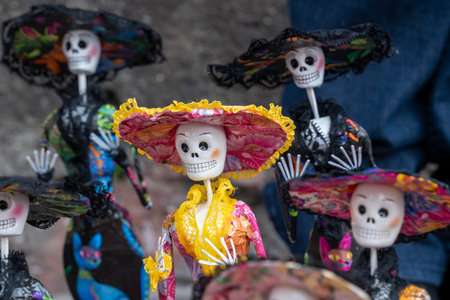 A group of skeletons wearing hats and dresses. The hats are colorful and the dresses are pink. Mexican Day of the Dead tradition, offerings, food, colors, decorations, and papel picado, La Catrina.の写真素材