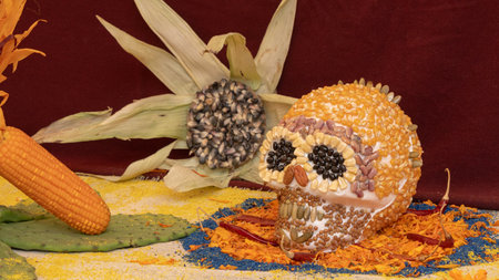 A skull made of corn is placed on a table with a variety of corn and a sunflower. Mexican Day of the Dead tradition, offerings, food, colors, decorations, and papel picado, La Catrina.の写真素材