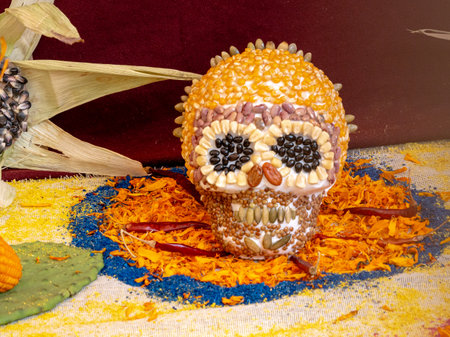 A skull made of corn seeds is on a table. The skull is surrounded by orange and blue decorations. Mexican Day of the Dead tradition, offerings, food, colors, decorations, and papel picado, La Catrina.の写真素材
