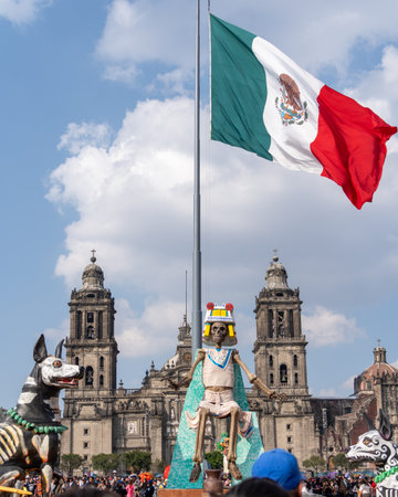 A flag is flying above a skeleton and two cathedrals. The flag is red, white, and green. Mexican Day of the Dead tradition, offerings, food, colors, decorations, and papel picado, La Catrina.の写真素材