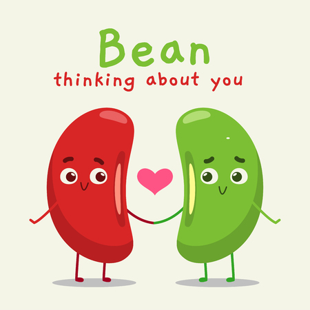 a red and green bean with text "bean thinking about you"のイラスト素材