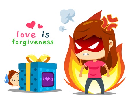 an angry girl and a boy with giftのイラスト素材