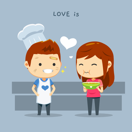 A boy wearing chef's hat and a girl with a food bowlのイラスト素材