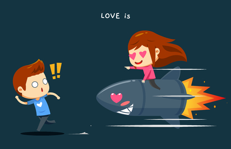 A boy is chased by a girl on top of the rocketのイラスト素材