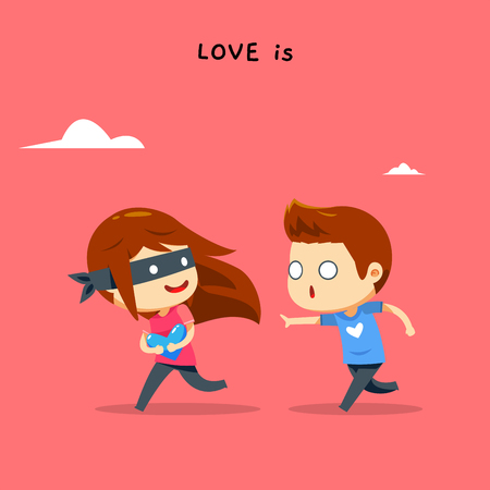 A girl is stealing a boy's heartのイラスト素材