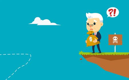 an old businessman holding a bag of money at the dead endのイラスト素材