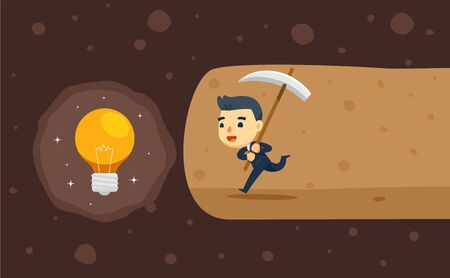 a business man is digging a cave for idea treasure. vector illustrationのイラスト素材