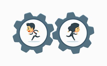 a man and a woman is running on the gear system.のイラスト素材