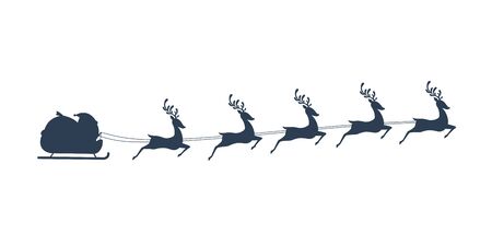 Silhouette of Chibi Santa Claus riding his sleigh with five reindeer. navy blueのイラスト素材