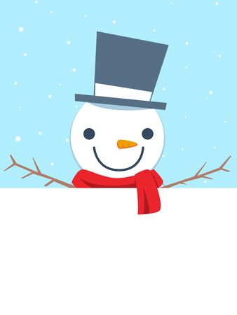 Happy Snowman wearing red scarf behind empty blank spaceのイラスト素材