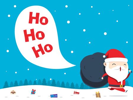 Chibi Santa Claus is laughing and running with a sack of gifts in the dayのイラスト素材