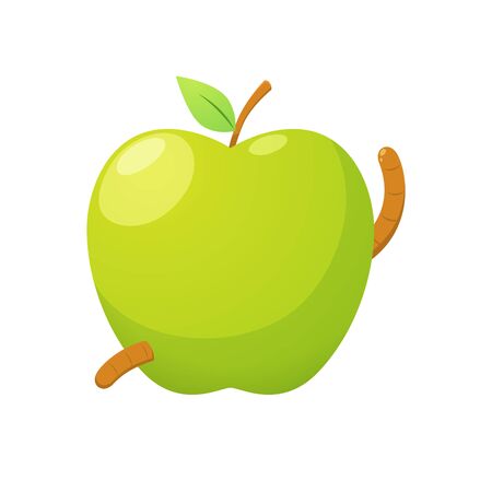 The Green Apple with a Worm. Isolated Vector Illustrationのイラスト素材