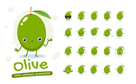 Mascot Set of the Green Olive. Twenty Mascot poses. Isolated Vector Illustrationのイラスト素材