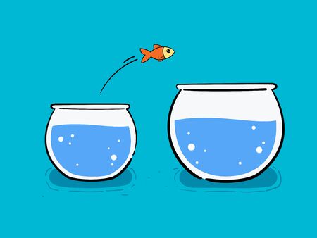 A gold fish is jumping from small pond to a big one. Vector Illustrationのイラスト素材
