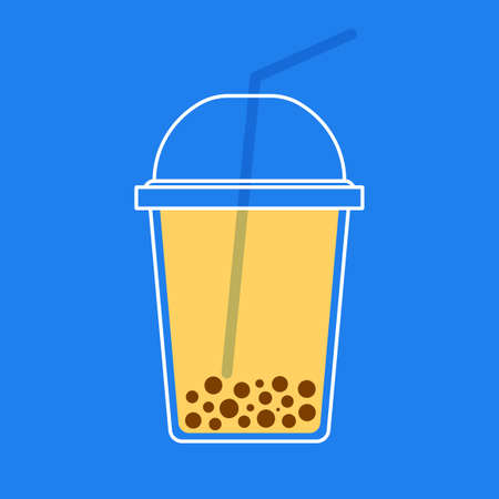 a cup of boba milk tea on blue background. Isolated Vector Illustrationのイラスト素材