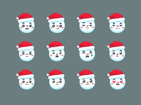 The Snowman with Christmas Hat. Emoticon Set. Isolated Vector Illustrationのイラスト素材
