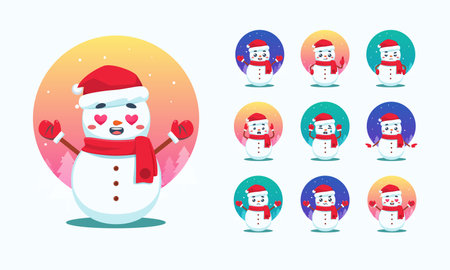 The Snowman with Christmas Hat. Various Pose. Vector Illustrationのイラスト素材