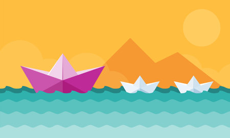 Purple Paper Ship with two little ships. Isolated Vector Illustrationのイラスト素材