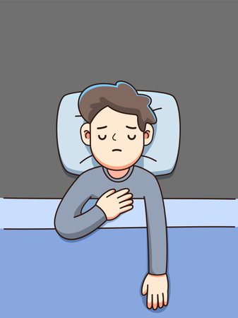 A man is feeling unwell in his bed. Isolated Vector Illustrationのイラスト素材
