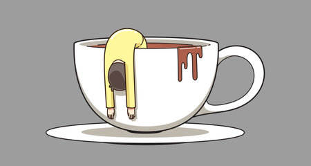 a man hanging from the rim of a coffee cupのイラスト素材