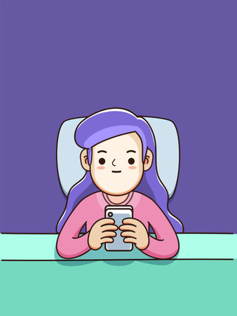 A woman is using phone in her bed. Isolated Vector Illustrationのイラスト素材