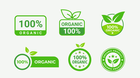 Six green labels of full organic product. Isolated Vector Illustrationのイラスト素材