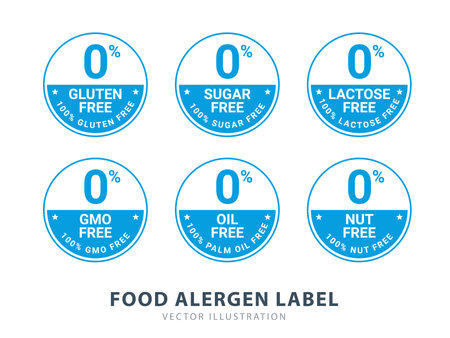 Six Labels of Food Allergen. Gluten, sugar, lactose, etc in half filled circleのイラスト素材