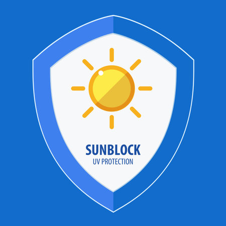 A shield with text sunblock on the blue background. Vector Illustrationのイラスト素材
