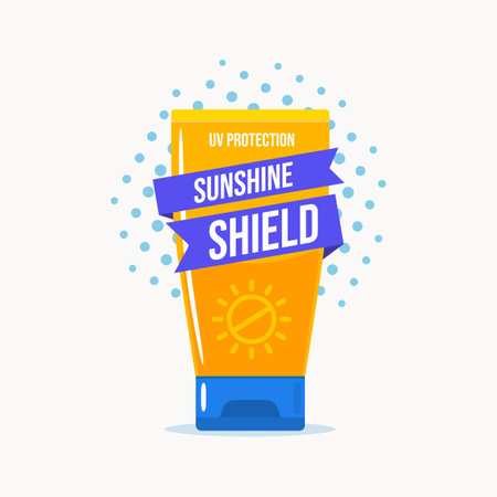 A sun cream product with text sunshine shield. Vector Illustrationのイラスト素材