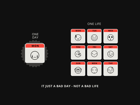 Simple Motivation graphic on a dark background. One bad day and various nine days with smiley signのイラスト素材