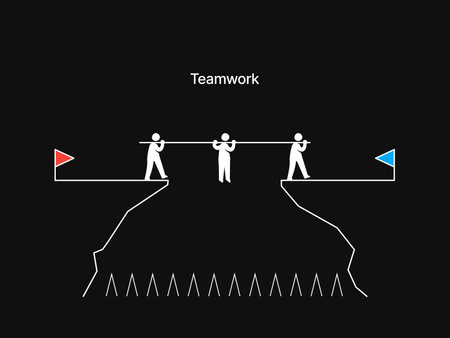Simple Motivation graphic on dark background. Three man cross the cliffのイラスト素材