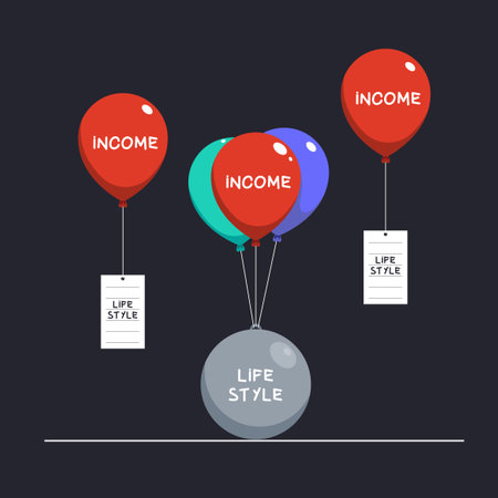 Conceptual image with balloon and weight. The Income tied with the lifestyleのイラスト素材