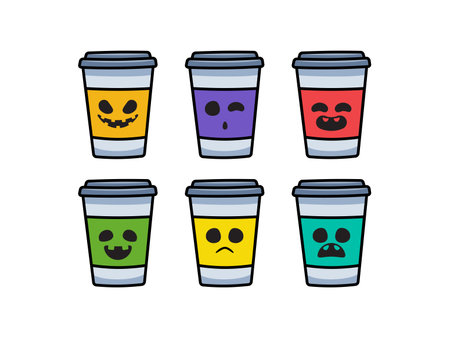 Set of Coffee Cups with Scary Faces. Isolated Vector Illustration.のイラスト素材