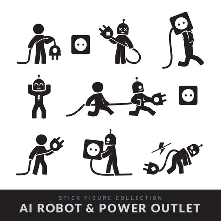 AI Robot and Power Outlet in Different Poses. Various pose of Stick Figure. Vector Illustrationのイラスト素材