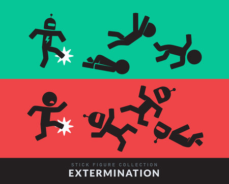AI Robot and Human Kicking Each Other. Various pose of Stick Figure. Vector Illustrationのイラスト素材