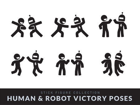 Victory Poses of the Robot and the Human. Various pose of Stick Figure. Vector Illustrationのイラスト素材