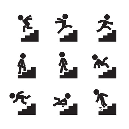 Stickman Poses Interacting with a Staircase. Various pose of Stick Figure. Vector Illustrationのイラスト素材