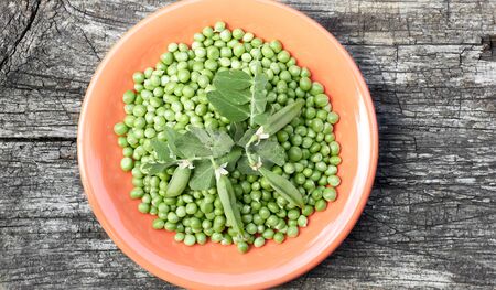 Peas in a coral bowl with fresh cut plant leaf on top on wooden rustic textured background, closeup, flat lay, from above overhead top view, vegan food and healthy organic food conceptの写真素材