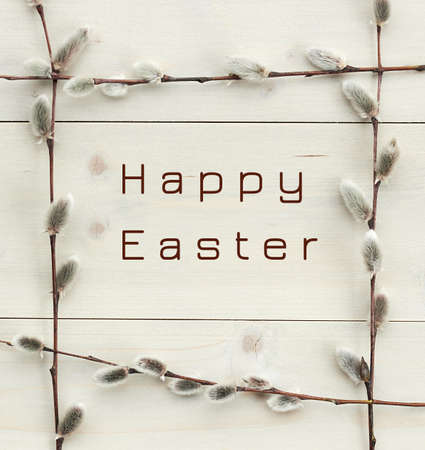 Happy easter in spring frame from pussy-willow branches flat on white wood, minimalism monochrome composition, empty space for your design, closeup, palm sunday, easter and mothers day holidays conceptの写真素材