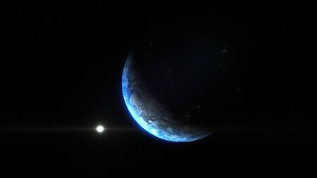 Distant upside down angle of planet Earth from space during a sunrise