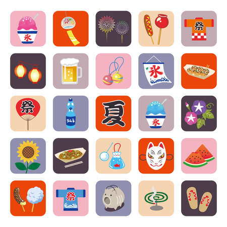 Japanese summer icon illustration setのイラスト素材