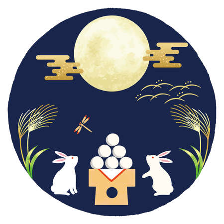 Full moon and rabbit. Moon viewing festival in Japan.  vector illustration.のイラスト素材