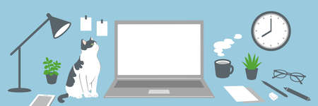 Stock illustration of working from home on a computer in the room, Japan, domestic cat, home office, vector.のイラスト素材