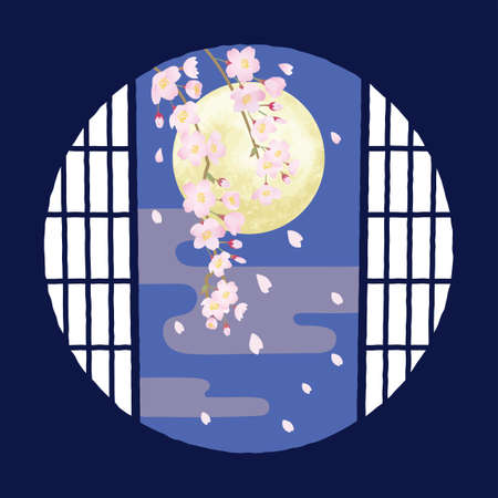 Cherry blossoms Round window Japanese style backgroundのイラスト素材