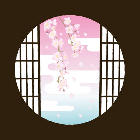 Cherry blossoms Round window Japanese style backgroundのイラスト素材